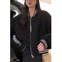 Girl's Fashion Jacket Stripe Printed Pocket Stand Collar Long Sleeves Loose Zipper Jacket