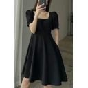 Chic Dress Whole Colored Square Neck Short-sleeved Mini A-Line Dress for Women
