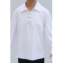 Casual Shirt Pure Color Spread Collar Long-Sleeved Lace Up Fitted Shirt for Men