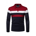 Elegant Polo Shirt Color Block Long Sleeve Turn-down Collar Slimming Polo Shirt for Guys