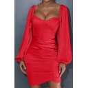 Chic Dress Whole Colored Square Neck Long-sleeved Ruched Design Mini Dress for Women