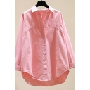 Women's High Low Shirt Loose Cotton Long Sleeve Lapel Breasted Shirt