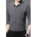 Fashionable Guy's Shirt Stripe Print Chest Pocket Turn-down Neck Long-Sleeved Button Shirt
