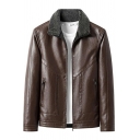 Simple Guys Jacket Pure Color Pocket Spread Collar Long-Sleeved Zip Fly Leather Fur Jacket