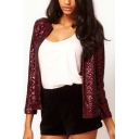 Vintage Women Blazer Sequined Print Long Sleeve Round Neck Fitted Open Front Blazer