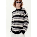 Edgy Sweater Stripe Print Rib Hem Baggy Round Neck Long Sleeve Pullover Sweater for Guys