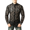 Modern Shirt Floral Print Turn-down Collar Long Sleeve Slim Lace Button Fly Shirt for Guys