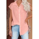 Women Elegant Shirt Plain Cap Sleeve Spread Collar Fitted Button Placket Shirt