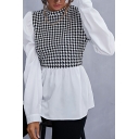 Street Look Blouses Houndstooth Printed Crew Collar Long Sleeve Ruffles Blouses for Ladies