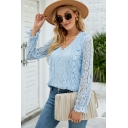 V-neck Lace Shirt Women's Long-sleeved Solid Color Hollow Lace Shirt