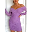 Popular Women's Dress Pure Color Sashes off The Shoulder Long Sleeve Mini Bodycon Dress
