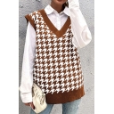 Edgy Women Vest Houndstooth Printed V Neck Relaxed Pullover Vest
