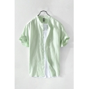 Simple Mens Shirt Solid Color Button Placket Short Sleeves Round Collar Regular Shirt