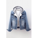 Vintage Women Jacket Pure Color Chest Pocket Hooded Long Sleeves Button down Denim Jacket