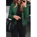 Street Look Women Jacket Stand Collar Pure Color Pocket Long Sleeve Zip-up Jacket