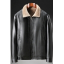 Mens Edgy Jacket Pure Color Pocket Spread Neck Long Sleeve Zip Placket Leather Fur Jacket