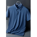 Guy's Chic Polo Shirt Whole Colored Button-up Point Collar Short Sleeved Fitted Polo Shirt