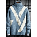 Fashion Mens Sweater Contrast Color Long Sleeve Turtleneck Loose Fit Pullover Sweater