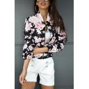 Classic Ladies Jacket Floral Print Pocket Long-Sleeved Stand Collar Skinny Zip Down Jacket