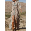 Elegant Women Dress Tribal Print Split Front 3/4 Length Sleeve V Neck Maxi A-Line Dress