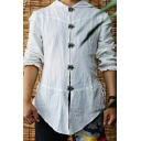Fashionable Mens Shirt Pure Color Irregular Hem Hooded Regular Half Sleeve Button Up Shirt