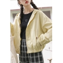 Women Chic Jacket Solid Color Drawstring Long Sleeve Hooded Loose Fit Zip Placket Jacket