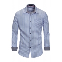 Fashionable Mens Shirt Stripe Print Turn-down Collar Pocket Long-Sleeved Button Fly Shirt