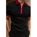 Cool Men Polo Shirt Contrast Color Zip Detail Short Sleeve Slimming Spread Neck Polo Shirt