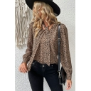 Hot Ladies Blouses Leopard Print Lace-up Long Sleeve V-neck Button-up Blouses