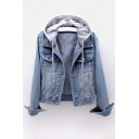Modern Ladies Jacket Pure Color Pocket Hooded Spread Collar Single Breasted Denim Jacket