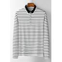Leisure Men's Polo Shirt Stripe Printed Point Collar Long Sleeves Relaxed Polo Shirt