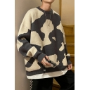 Popular Guy's Sweater Contrast Color Rib Cuffs Crew Neck Long Sleeve Pullover Sweater