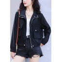 Girlish Ladies Jacket Solid Pocket Front Long Sleeve Regular Zip-up Spread Collar Jacket