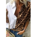 Edgy Shirt Splicing Leopard Print Turn-down Collar Long Sleeves Button up Shirt for Women