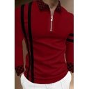 Street Look Guy's Polo Shirt Striped Print Zipper Turn-down Collar Long-sleeved Polo Shirt