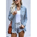 Girls Street Style Jacket Solid Color Turn-down Collar Long Sleeve Button Fly Denim Jacket