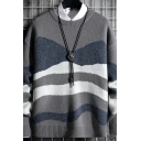 Chic Knitwear Color-blocking Long-sleeved Round Neck Relaxed Pullover Sweater for Boys