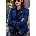 Womens Designer Notched Lapel Zipper Pocket Leather Jacket for Girls