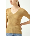 Simple Womens Pure Color V Neck Half Sleeve Regular Fitted Knitted Top