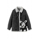 Novelty Girls Color Block Spread Neck Relaxed Rabbit Design Pocket Button Fly Denim Jacket