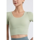 Chic Pure Color Criss Cross Short Sleeve Scoop Neck Backless Crop Tee Shirt for Girls