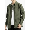 Modern Guys Solid Color Flap Pocket Long Sleeve Turn-down Collar Fitted Button Fly Jacket