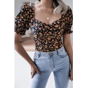 Fashion Women Blouses Floral Printed Square Collar Short-Sleeved Skinny Sashes Blouses