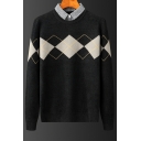 Simple Square Geometric Pattern Long Sleeves Loose Outwear Sweater for Man