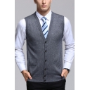 Boy's Retro Solid Rib Hem V Neck Sleeveless Regular Fit Button down Knitted Vest