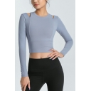 Fashion Ladies Whole Colored Long Sleeves Round Collar Hollow Out Crop Tee Shirt