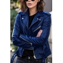 Trendy Solid Pocket Detailed Lapel Collar Long Sleeve Skinny Leather Jacket for Ladies