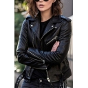 Fancy Whole Colored Long Sleeves Fitted Zip Placket Lapel Collar Leather Jacket for Ladies