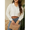 Modern Shirt Solid Color Turn-down Collar Long Sleeves Button Closure Crop Shirt for Girls