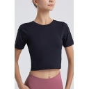 Girls Trendy Pure Color Crew Collar Hollow Out Detail Short-sleeved Crop Tee Shirt